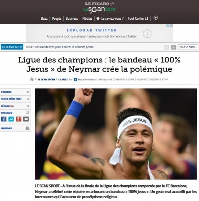 Faixa &#039;100% Jesus&quot; de Neymar causa polêmica na França, aponta jornal